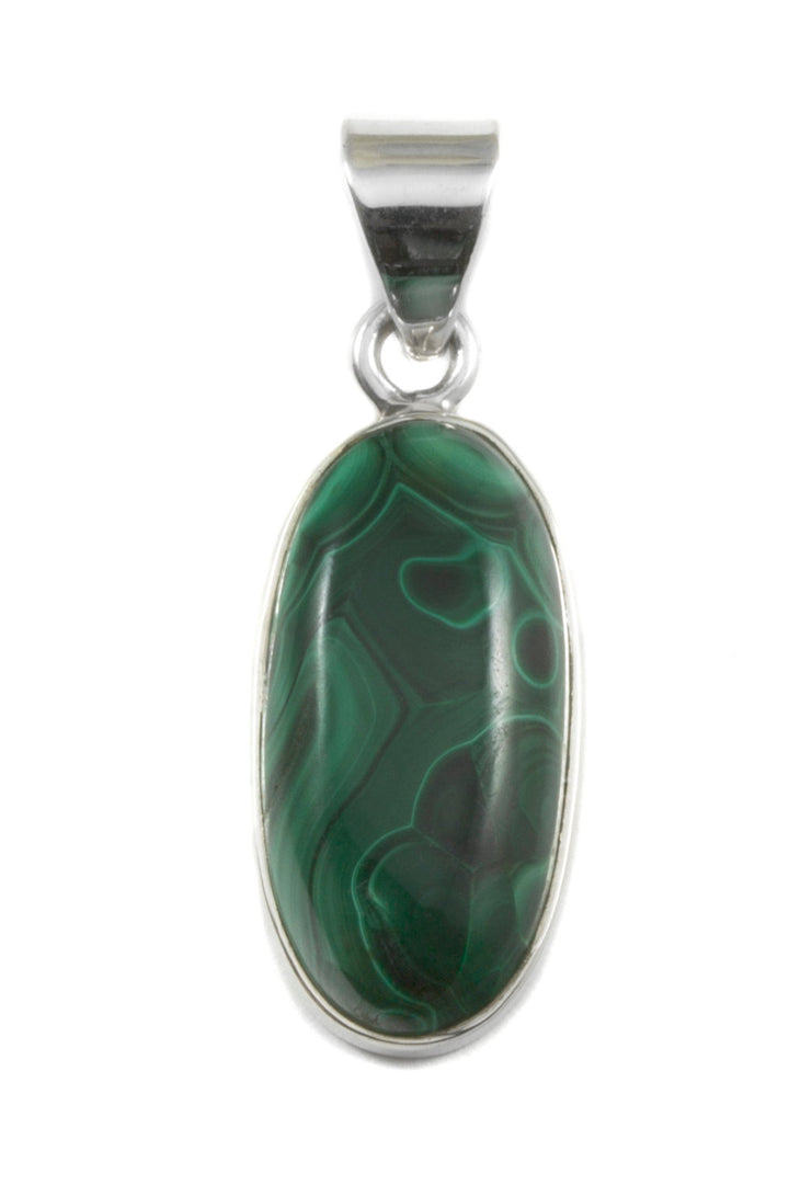 Malachite Pendant Sterling Silver Green Long Oval Necklace Pendant Bezel Set Real Natural  Smooth Striped Cabachon Simple Daily Wear Classic