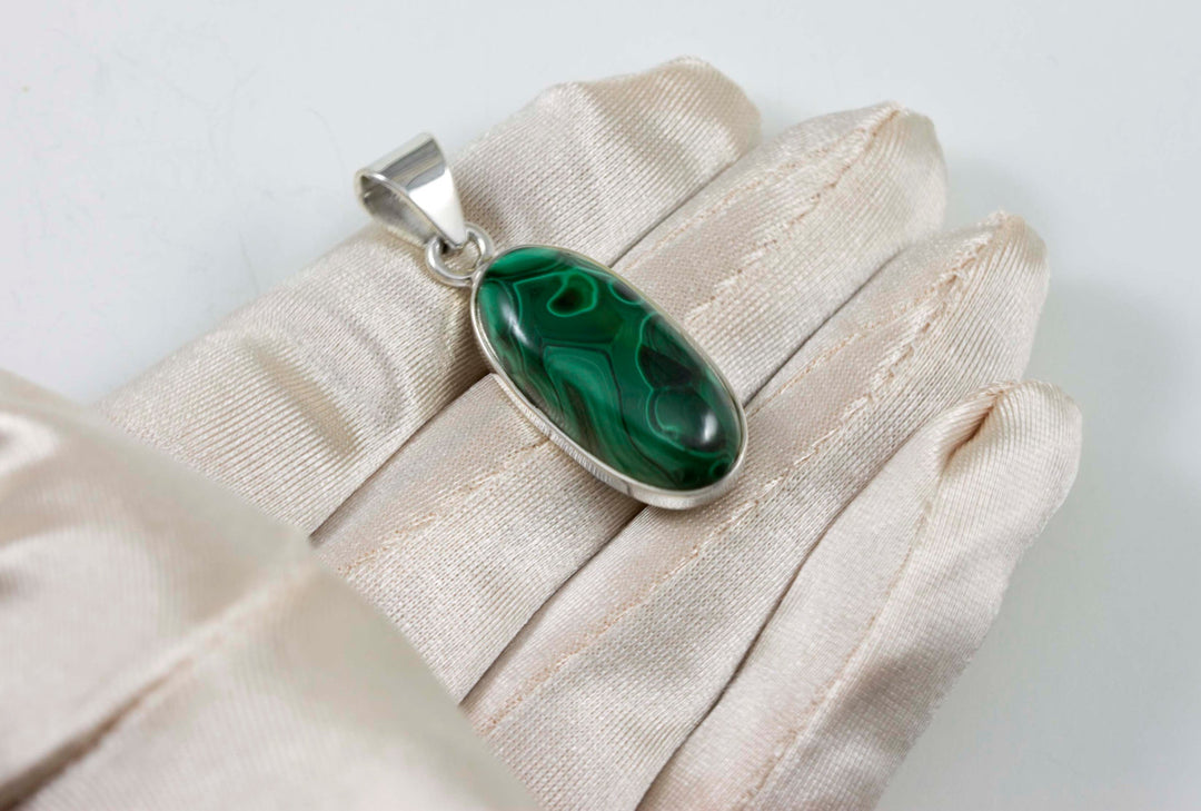 Malachite Pendant Sterling Silver Green Long Oval Necklace Pendant Bezel Set Real Natural  Smooth Striped Cabachon Simple Daily Wear Classic