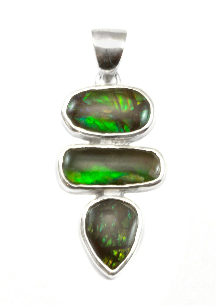 Ammolite Pendant Necklace  Bezel Set Cabachon Triple Specimen Iridescent Rainbow Greens Simple Unique Design Sterling Silver