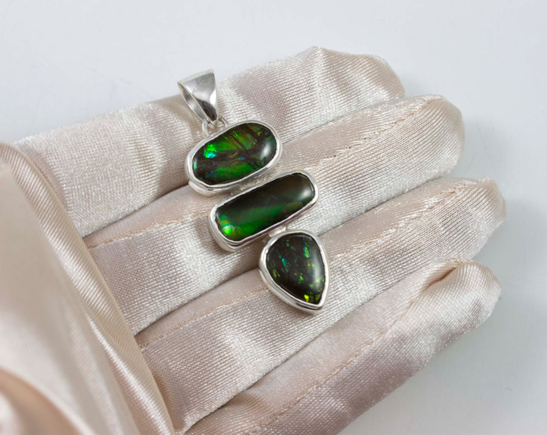Ammolite Pendant Necklace  Bezel Set Cabachon Triple Specimen Iridescent Rainbow Greens Simple Unique Design Sterling Silver