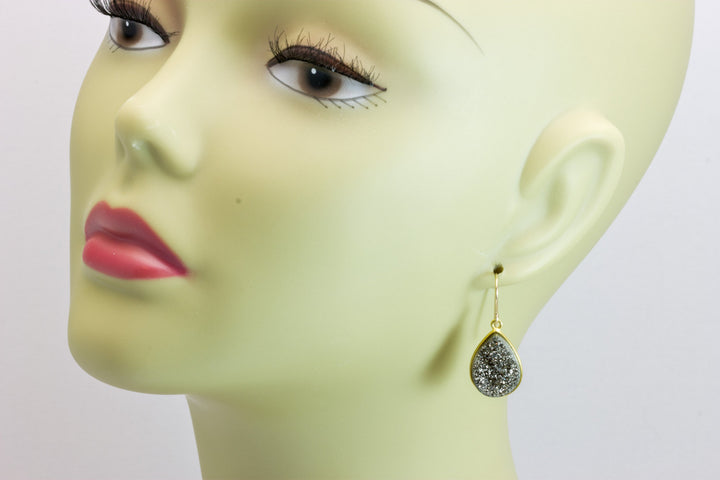 Black Platinum Grey Drusy Earrings Teardrop 14k Solid Gold or Filled or Sterling Silver Bezel Set Simple Drops Druzy Quartz Classic Simple