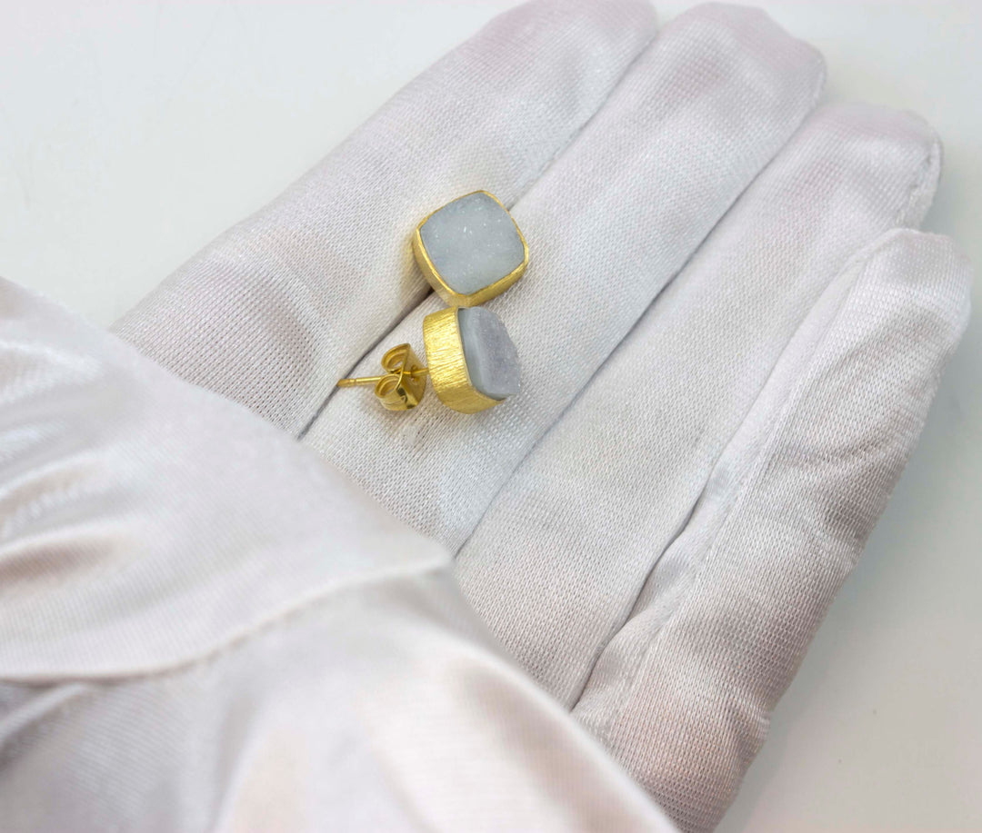 Grey Drusy Earrings Gold Post Studs Earrings Bezel Set Teardrop Shape Brushed Gold Finish Classic Simple Daily Wear