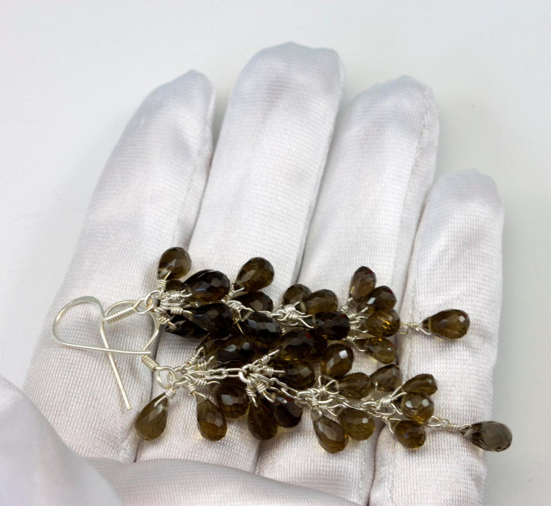 Smoky Olive Quartz Earrings Cluster Style Sterling Silver Micro Faceted Multiple Briolettes Chandelier Natural Smokey Green 2 1/2 Inches