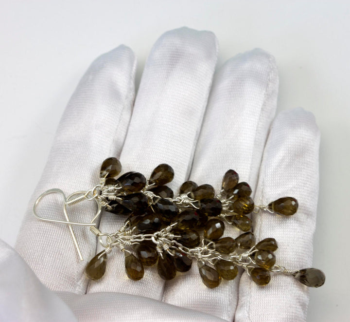 Smoky Olive Quartz Earrings Cluster Style Sterling Silver Micro Faceted Multiple Briolettes Chandelier Natural Smokey Green 2 1/2 Inches