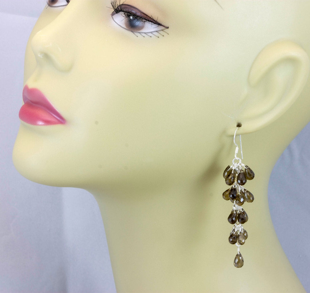 Smoky Olive Quartz Earrings Cluster Style Sterling Silver Micro Faceted Multiple Briolettes Chandelier Natural Smokey Green 2 1/2 Inches