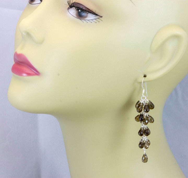 Smoky Olive Quartz Earrings Cluster Style Sterling Silver Micro Faceted Multiple Briolettes Chandelier Natural Smokey Green 2 1/2 Inches