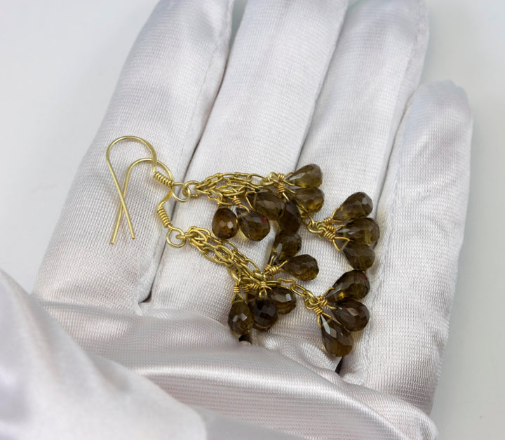 Olive Quartz Earrings Cluster Style 14k Solid Gold or Filled Micro Faceted Multiple Briolette Chandelier Natural Smoky Olive Green 2  Inches