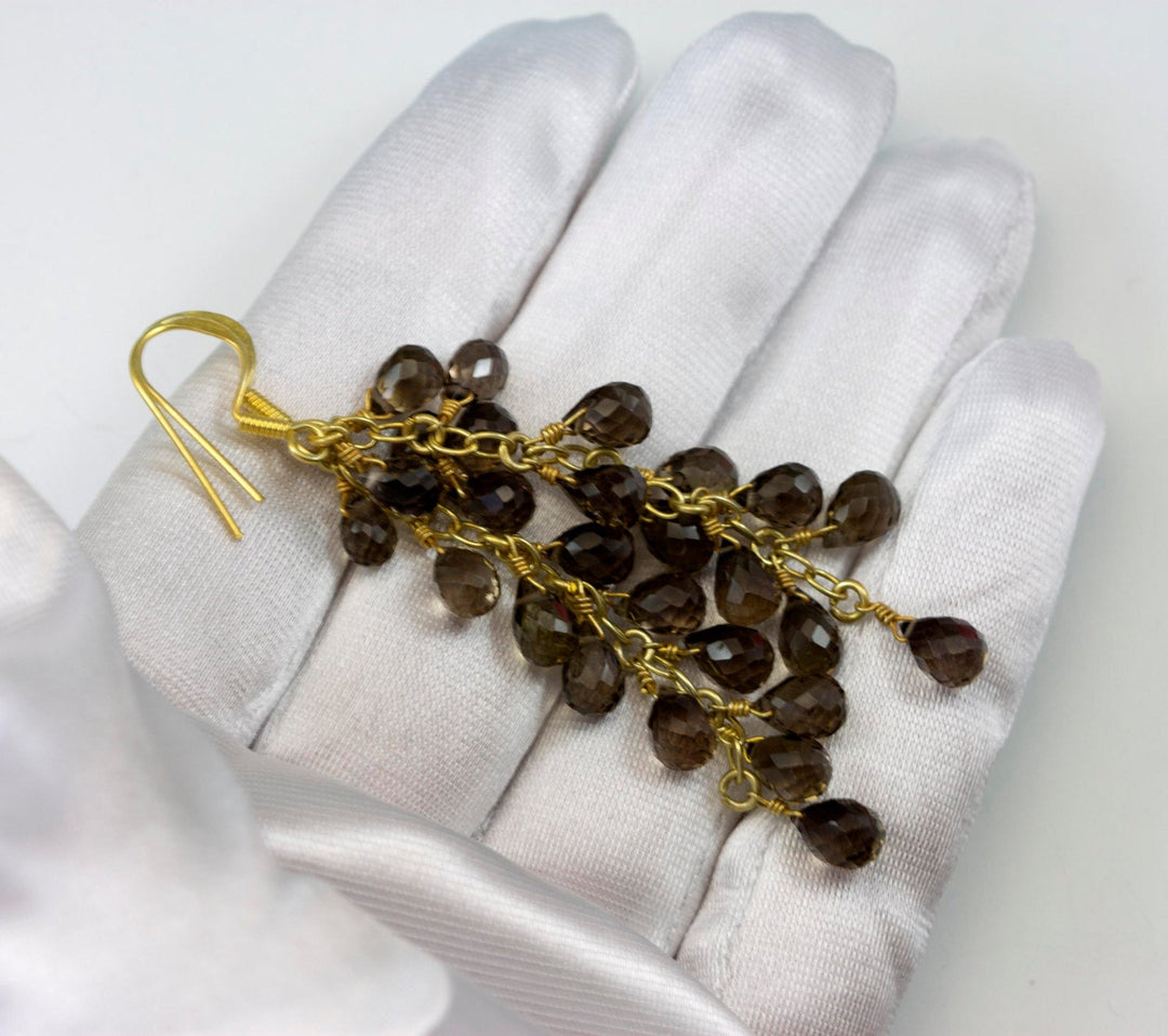 Smoky Quartz Earrings Cluster Style 14k Solid Gold or Filled Micro Faceted Multiple Briolettes Chandelier Natural Smokey  Grey 3 Inches