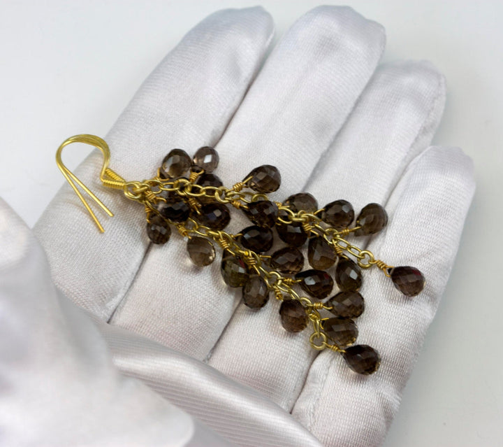 Smoky Quartz Earrings Cluster Style 14k Solid Gold or Filled Micro Faceted Multiple Briolettes Chandelier Natural Smokey  Grey 3 Inches