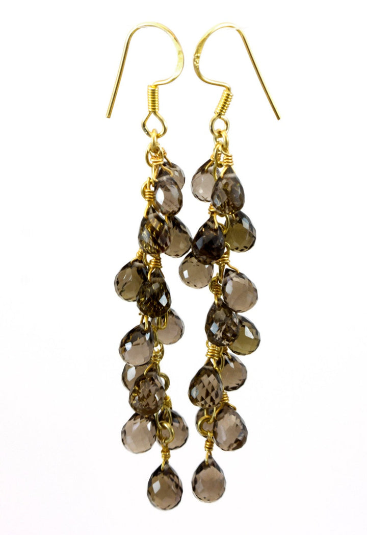 Smoky Quartz Earrings Cluster Style 14k Solid Gold or Filled Micro Faceted Multiple Briolettes Chandelier Natural Smokey  Grey 3 Inches