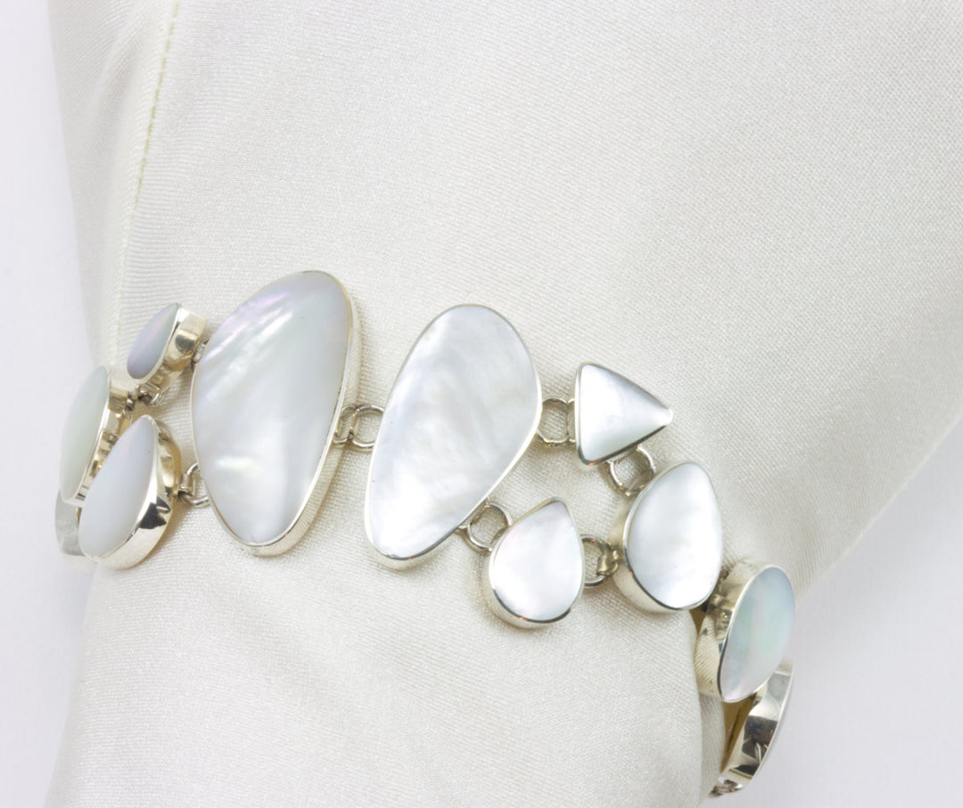 Mother of Pearl Bracelet White Shell Sterling Silver Toggle Clasp 7 7.5  Inches Inch Simple Adjustable Bezel Set Contemporary Daily Wear