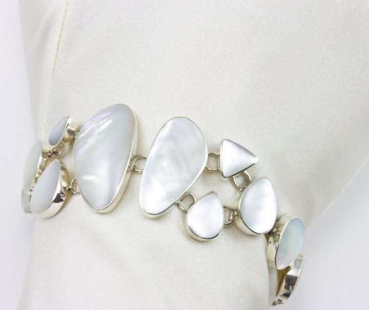 Mother of Pearl Bracelet White Shell Sterling Silver Toggle Clasp 7 7.5  Inches Inch Simple Adjustable Bezel Set Contemporary Daily Wear