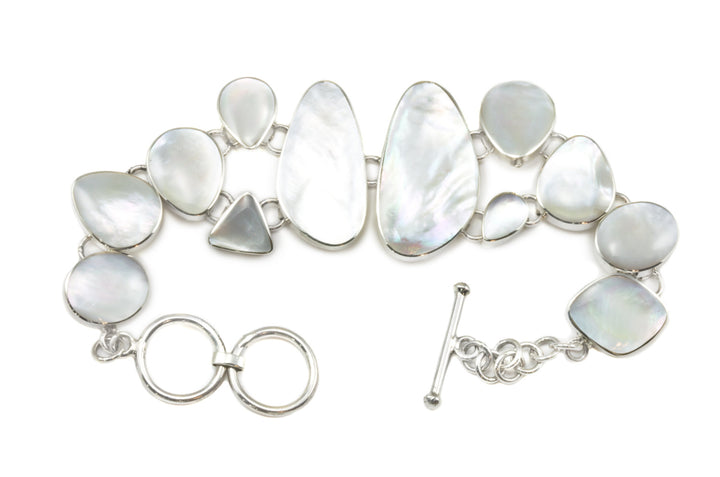 Mother of Pearl Bracelet White Shell Sterling Silver Toggle Clasp 7 7.5  Inches Inch Simple Adjustable Bezel Set Contemporary Daily Wear