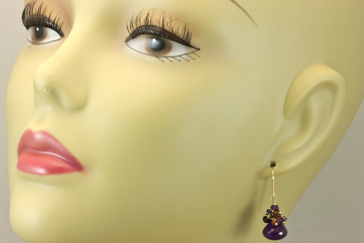 Purple Amethyst Cluster Earrings 14k Solid gold or filled Ear Wires sapphire garnet spinel topaz faceted hearts Dense Cluster Drops