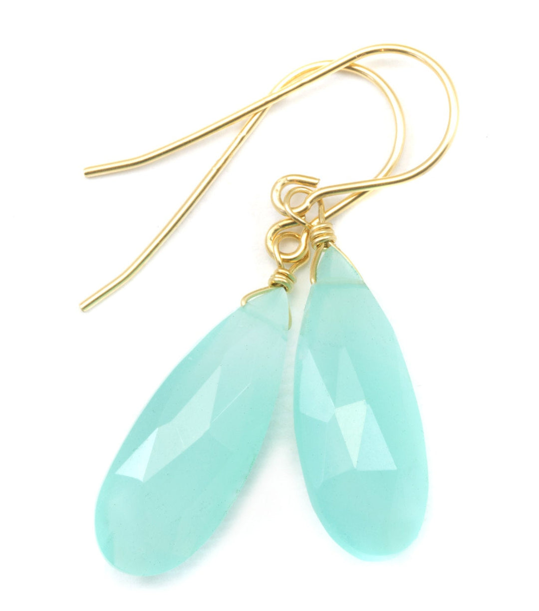 Aqua Blue Chalcedony Earrings 14k Solid Gold or Filled or Sterling Silver Long Teardrops Faceted Briolette Soft Light Blue Drops