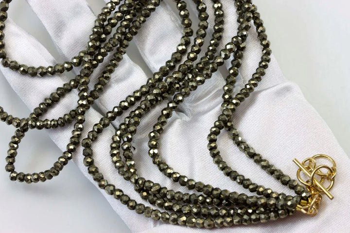 Pyrite Necklace or Wrap Bracelet Faceted 14k Gold Fill 21 22 7 8 Inches Natural Golden Three Strands Wear Straight or Twist 4mm - Spyglass Designs