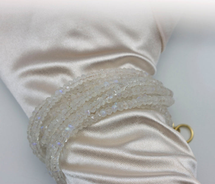 Moonstone Necklace or Wrap Bracelet Faceted 14k Gold Fill 21 22 7 8 Inches Natural Rainbow Blue Three Strands Wear Straight or Twist 4mm