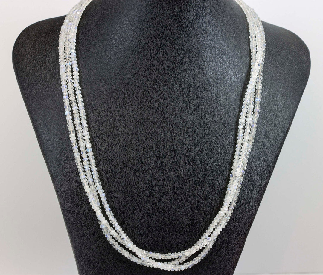 Moonstone Necklace or Wrap Bracelet Faceted 14k Gold Fill 21 22 7 8 Inches Natural Rainbow Blue Three Strands Wear Straight or Twist 4mm