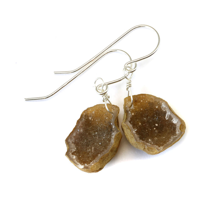Baby Geode Earrings Tabasco Soft Creamy White Gray Druzy Oval Sterling Silver Small Natural Drusy Quartz Halved Geodes Paired AAA Drops