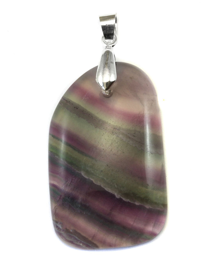 Fluorite Pendant Purple Green Striped Large Necklace Pendent Bezel Set Natural Genuine  Contemporary Design AAA Rectangle Silver Plate Bail