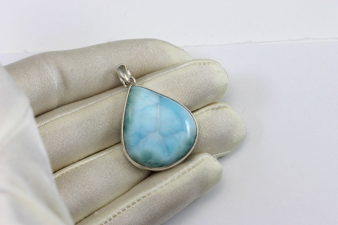 Natural Larimar Necklace Pendant smooth Sterling Silver Teardrop Bezel Set Cabachon Simple Design Baby Blue Large Simple classic design