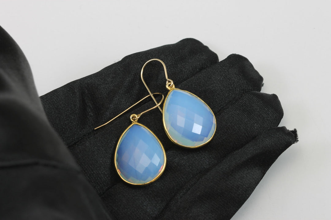 Opalite Earrings Faceted  AAA Teardrops 14k Solid Gold or Filled iridescent colors simple daily Large Bezel Setting Fat Milky White Drops