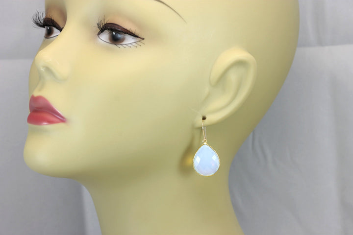 Opalite Earrings Faceted  AAA Teardrops 14k Solid Gold or Filled iridescent colors simple daily Large Bezel Setting Fat Milky White Drops