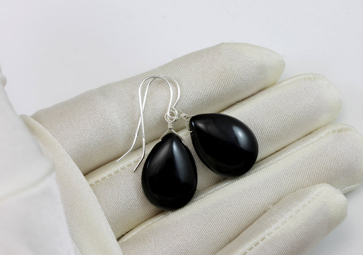 Black Onyx Earrings Sterling Silver or 14k Solid Gold or Filled Smooth Puffed Oval Teardrop Dangle Simple Design Classic Neutral Drops