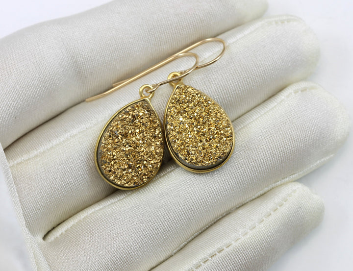 Golden Drusy Earrings Druzy Teardrop Shape 14k solid yellow gold or filled French Large Bezel Simple Drops Fine Druse Quartz Spyglass Design