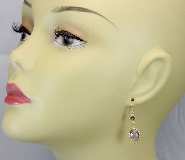 Pale Light Purple Amethyst Earrings Bezel Set 14 Gold Filled Large Teardrop Bezeled Double hung Lavender Classic Simple Design Faceted
