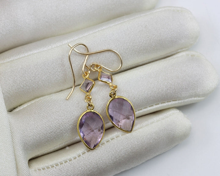 Pale Light Purple Amethyst Earrings Bezel Set 14 Gold Filled Large Teardrop Bezeled Double hung Lavender Classic Simple Design Faceted