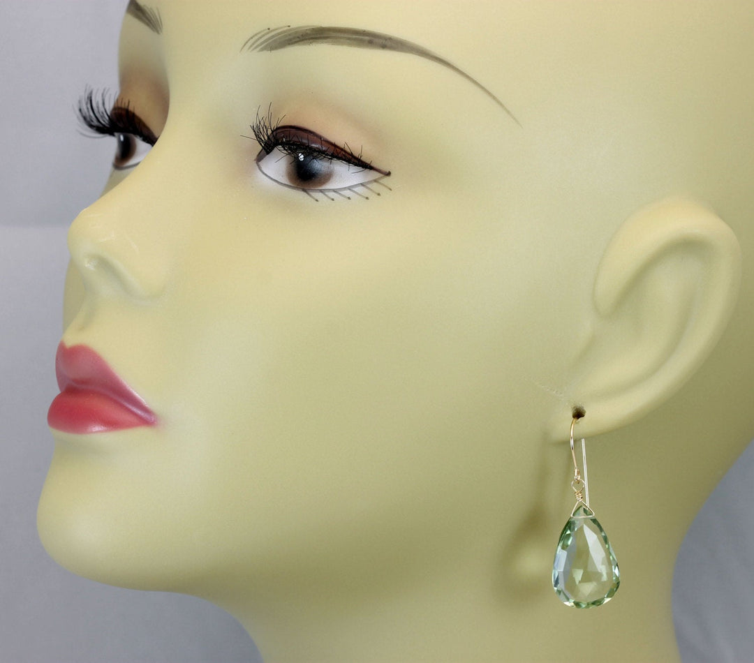 Green Amethyst Earrings Prasiolite Faceted AAA Pear Teardrop 14k Solid Gold or Filled or Sterling Silver Large Fat Drop Classic Briolettes