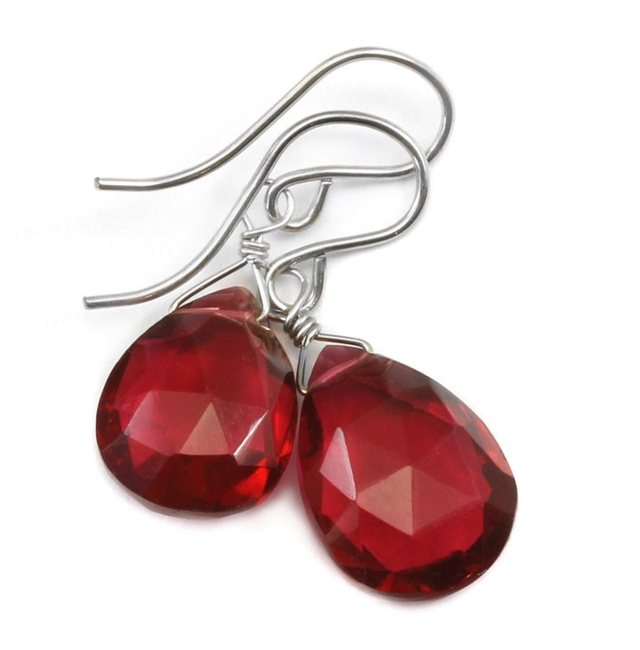 Red Pink Earrings Faceted Pear Simulated Sapphire Teardrop Drop Dangle Sterling Silver or 14k Gold Filled Red Fuchsia Magenta drops