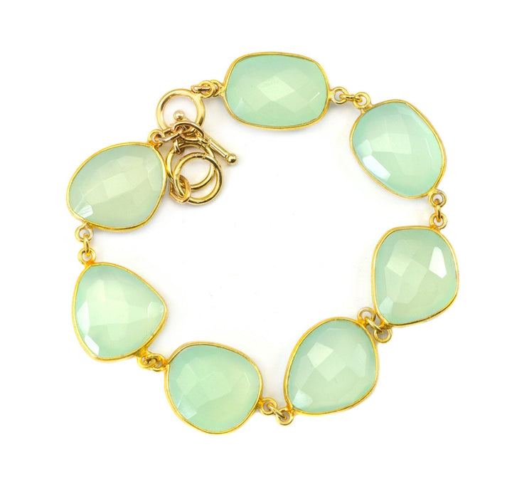 Chalcedony Bracelet Green Chain Link Beaded 14k Gold Filled Adjustable 7 8 Inches Natural Soft Pale Green Colors simple Faceted Off Round