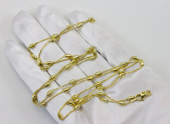 Chain Necklace 14k Gold Over Sterling Silver Box Chain Barrel Beads 34 Inch Lobster Clasp Versatile Classy Simple Everyday Design