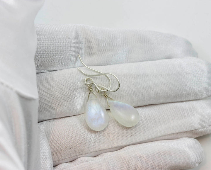 Rainbow Blue Moonstone Earrings Sterling Silver or 14k Solid Gold or Filled Smooth Pear Teardrop Natural Real High Quality Simple Drops