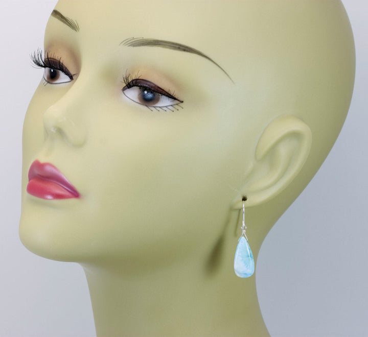 Blue Larimar Earrings Natural Teardrop Polished Smooth Simple  Drop Sterling Silver Spyglass Designs Baby Soft Blue Unique Simple Dainty
