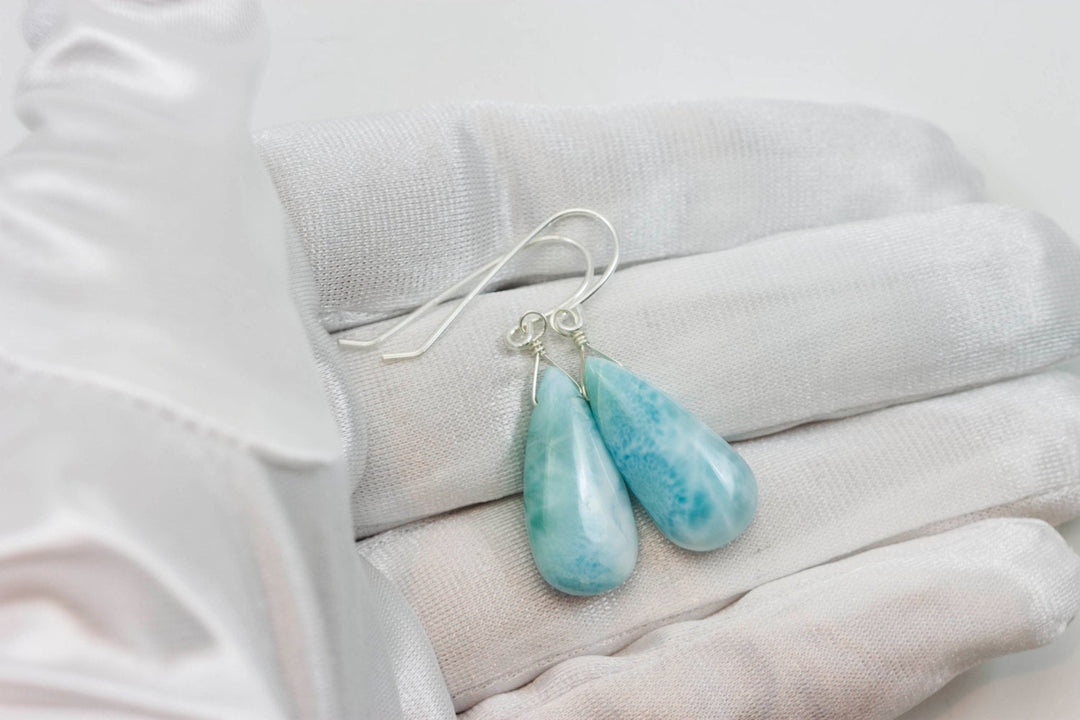 Blue Larimar Earrings Natural Teardrop Polished Smooth Simple  Drop Sterling Silver Spyglass Designs Baby Soft Blue Unique Simple Dainty