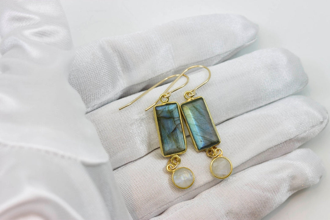 Labradorite and Rainbow Blue Moonstone Earrings  14k Gold Filled Rectangle Teardrop Natural Blue Flash Simple Shimmery Drops Bezel Set