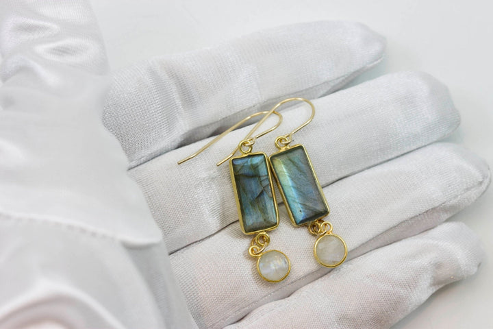 Labradorite and Rainbow Blue Moonstone Earrings  14k Gold Filled Rectangle Teardrop Natural Blue Flash Simple Shimmery Drops Bezel Set