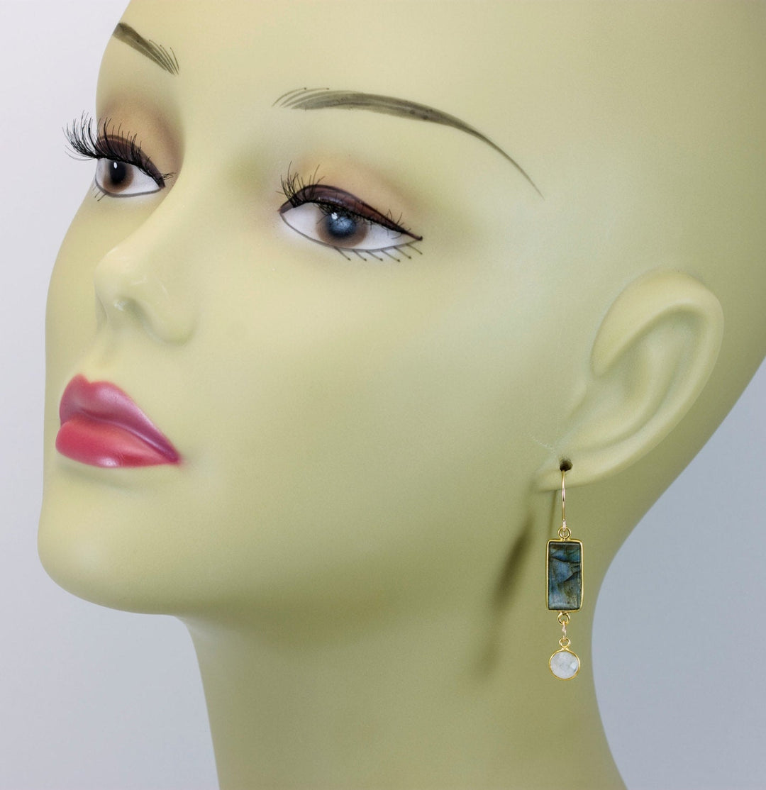 Labradorite and Rainbow Blue Moonstone Earrings  14k Gold Filled Rectangle Teardrop Natural Blue Flash Simple Shimmery Drops Bezel Set
