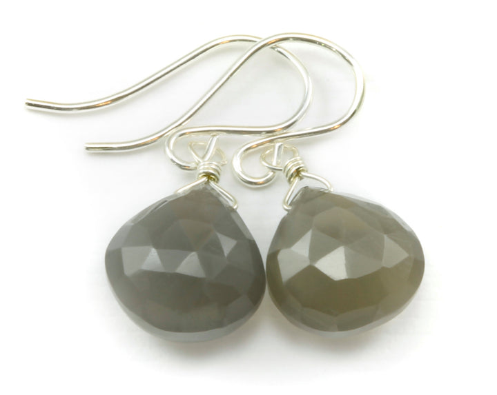 Gray Moonstone Earrings Sterling Silver or 14k Solid Gold or Filled Faceted Heart Teardrops Real Natural Simple Dainty Drops Classic Grey