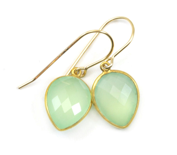 Green Chalcedony Earrings AAA Faceted Briolette Drops 14k Gold Filled Bezel Set Teardrops Natural Classic Simple Shape Daily Drops