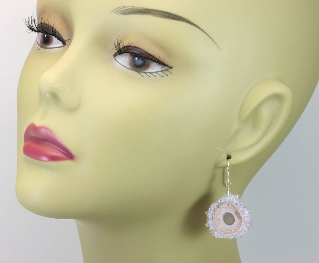 Drusy Earrings Amethyst Stalactite Slice Hand Wired Simple Pale Pink Center Druzy 14k Gold Fille or Sterling Silver Earthy Natural