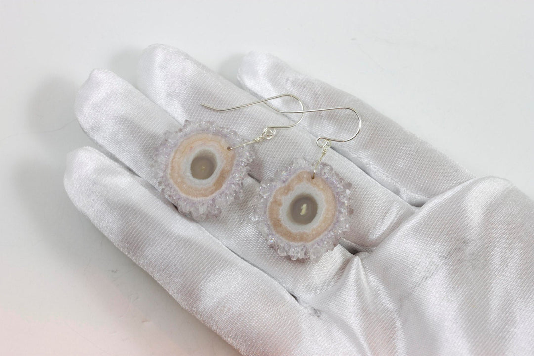 Drusy Earrings Amethyst Stalactite Slice Hand Wired Simple Pale Pink Center Druzy 14k Gold Fille or Sterling Silver Earthy Natural