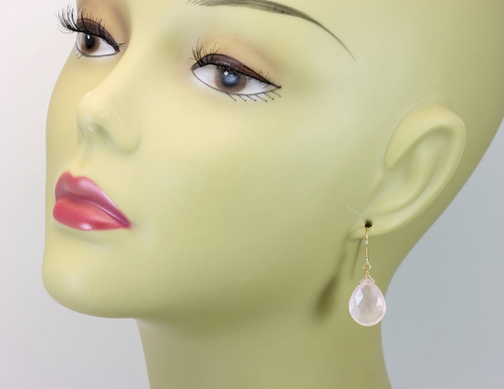 Rose Quartz Earrings Pink Large Teardrop Dangle Sterling Silver or 14k solid Gold or Filled Classic Pear  Faceted Simple Everyday Soft color