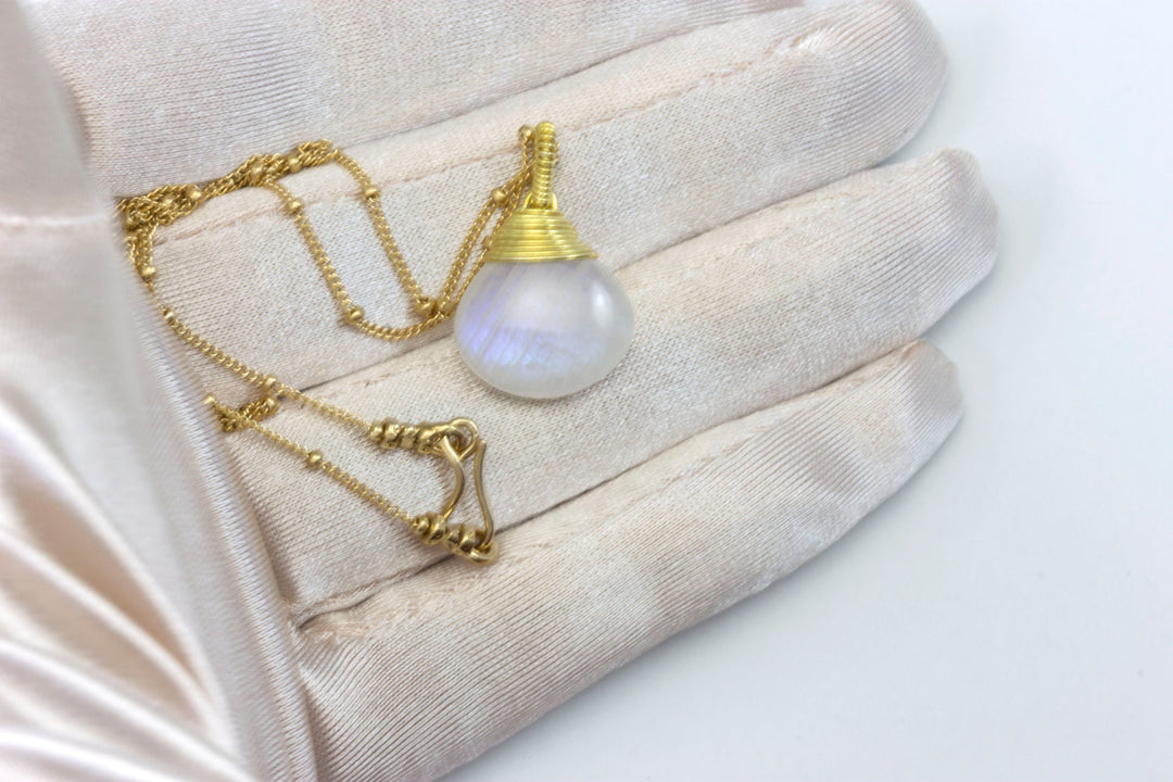 Moonstone Necklace Pendant Teardrop wire wrapped  14k Gold Filled 18 Inch Blue Flash Large Beaded Chain Curb Link