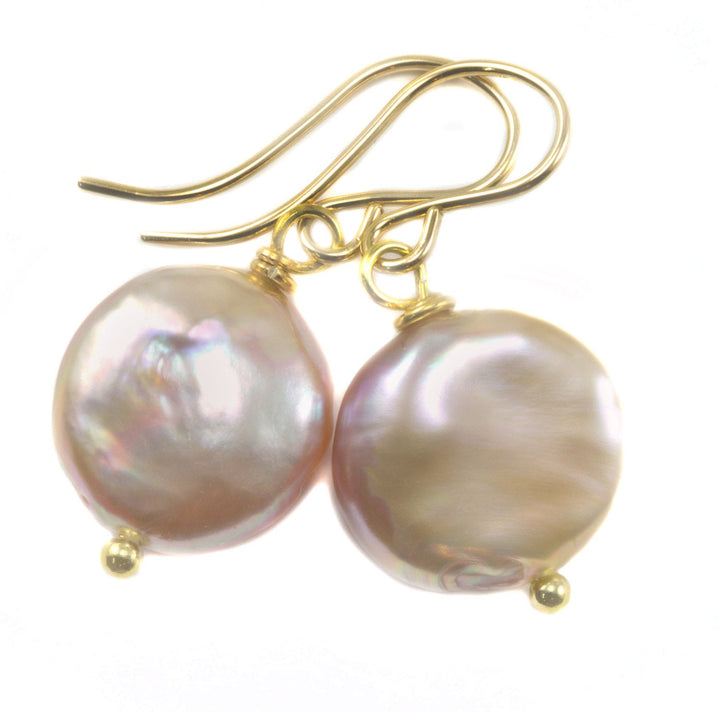 Pink Button Pearl Earrings Sterling Silver or 14k Solid Gold or Filled Rose High Luster Simple Pearls Genuine Freshwater Dangles Drops