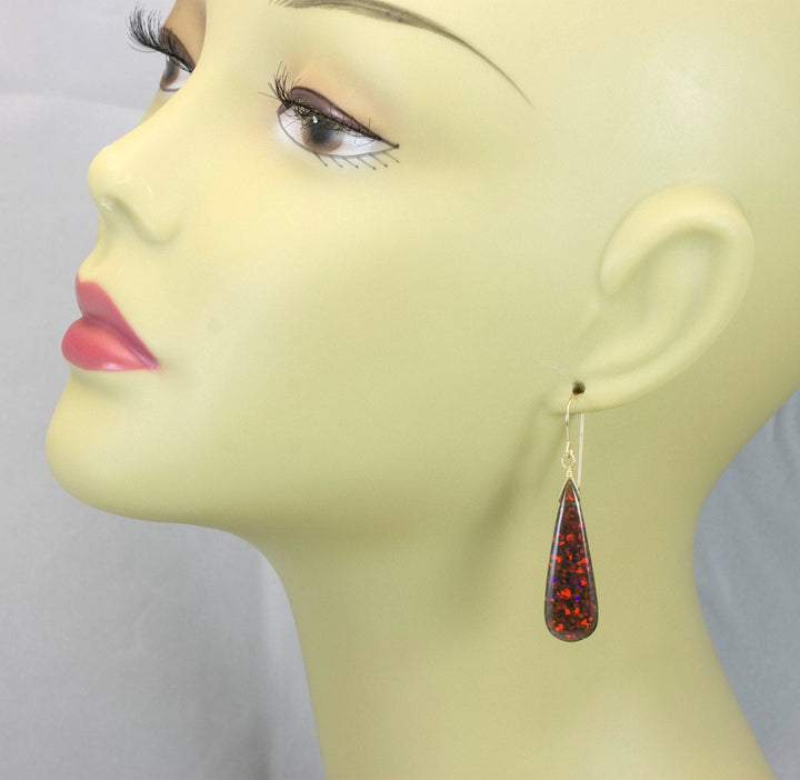 Fire Red Opal Earrings Long AAA Teardrops 14k Solid Gold or Filled or Sterling Silver 2 Inch AAA cut iridescent colors simple daily drops