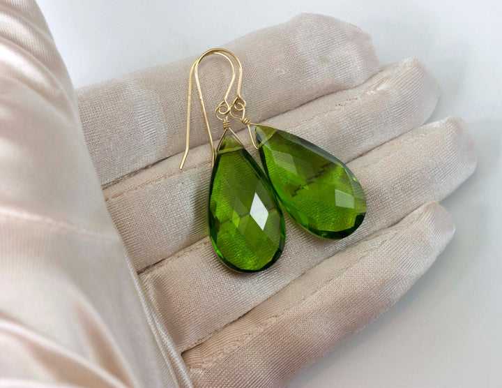 Peridot Green Earrings Sim Teardrop Large Dangle Quartz Drops Sterling Silver or 14k Solid Gold or Filled Faceted Pear Super Large Teardrops